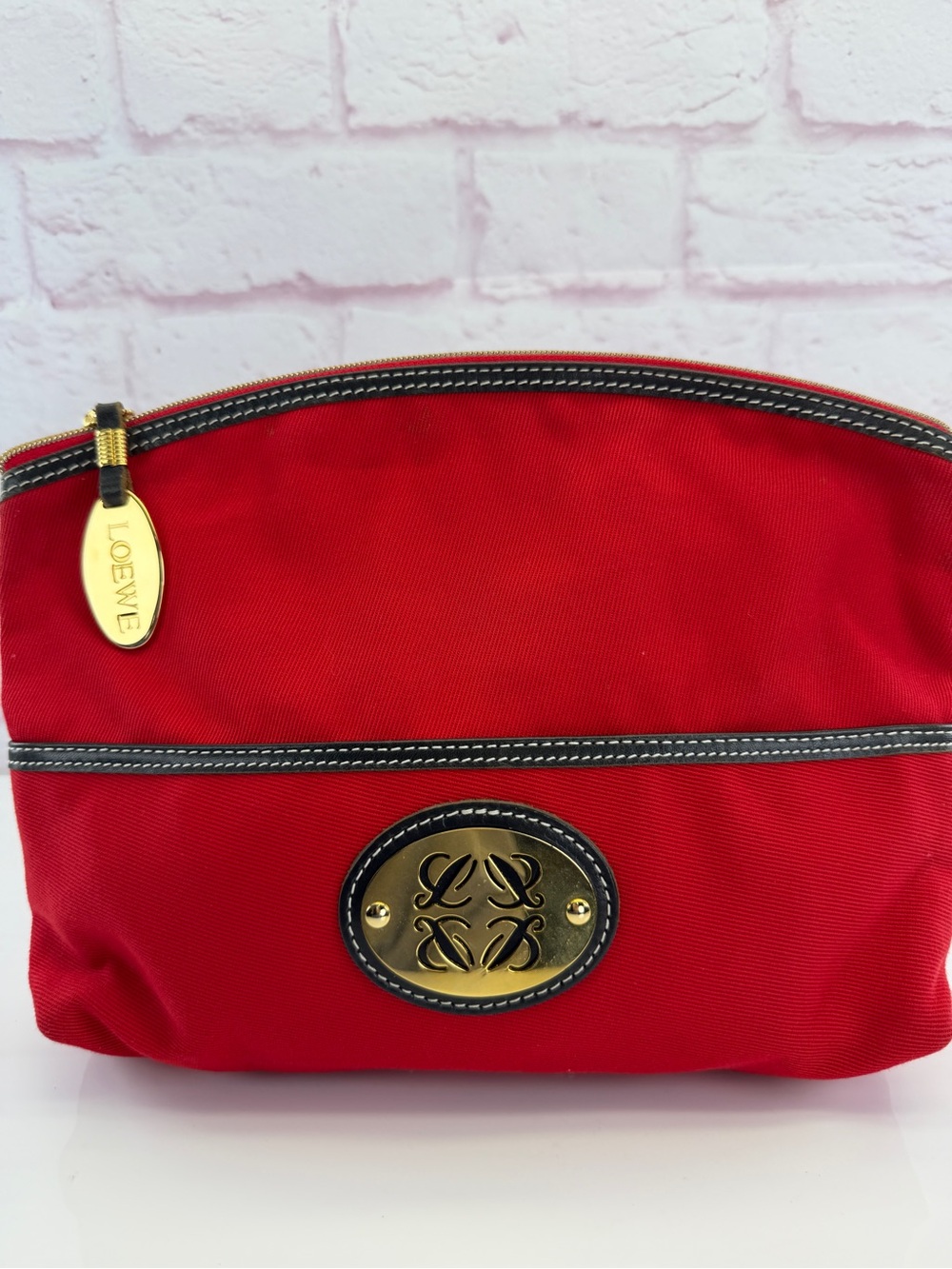 Loewe Red Cosmetic Pouch with Gold Emblem